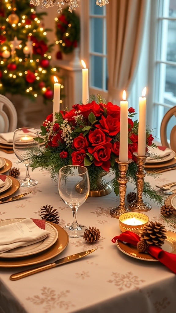 An elegant Christmas dinner table with festive decor, candles, and a floral centerpiece.